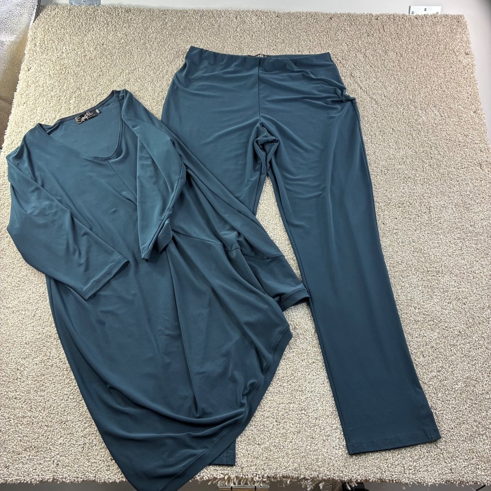 Simpli Two Piece Set Size 12 Top Pants Teal Blue Long Sleeve Asymmetrical Career
